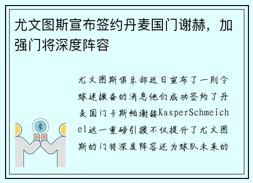 尤文图斯宣布签约丹麦国门谢赫，加强门将深度阵容
