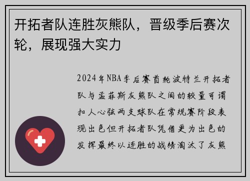 开拓者队连胜灰熊队，晋级季后赛次轮，展现强大实力