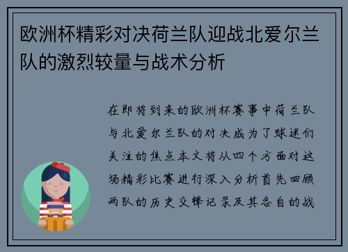 欧洲杯精彩对决荷兰队迎战北爱尔兰队的激烈较量与战术分析