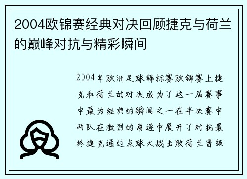 2004欧锦赛经典对决回顾捷克与荷兰的巅峰对抗与精彩瞬间