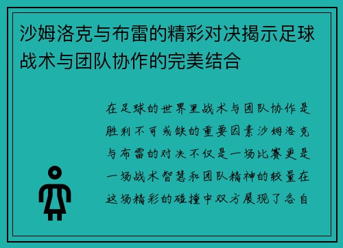 沙姆洛克与布雷的精彩对决揭示足球战术与团队协作的完美结合
