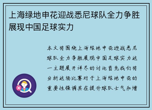 上海绿地申花迎战悉尼球队全力争胜展现中国足球实力