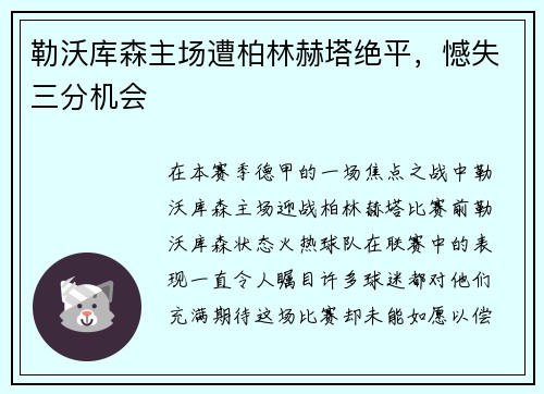 勒沃库森主场遭柏林赫塔绝平，憾失三分机会