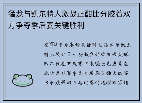 猛龙与凯尔特人激战正酣比分胶着双方争夺季后赛关键胜利