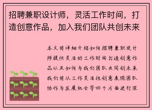 招聘兼职设计师，灵活工作时间，打造创意作品，加入我们团队共创未来