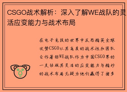 CSGO战术解析：深入了解WE战队的灵活应变能力与战术布局