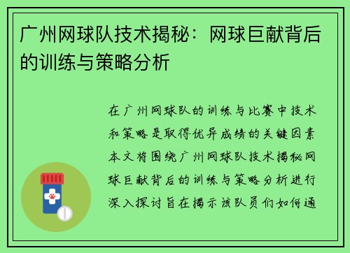 广州网球队技术揭秘：网球巨献背后的训练与策略分析