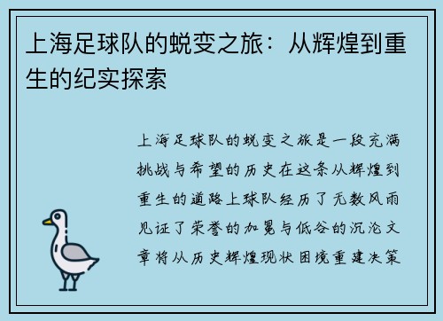 上海足球队的蜕变之旅：从辉煌到重生的纪实探索