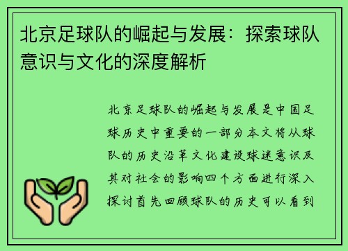 北京足球队的崛起与发展：探索球队意识与文化的深度解析